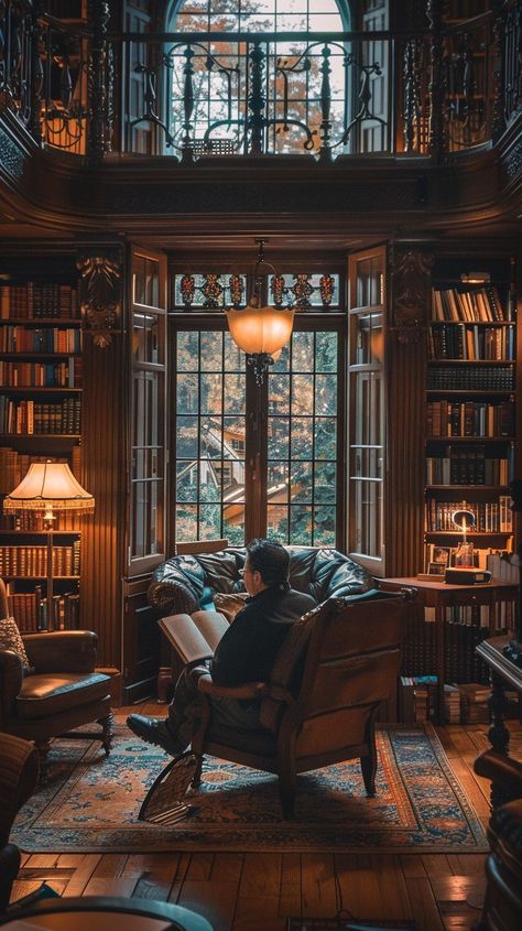 #Cozy #ReadingNook: A person #relaxes in a leather #armchair, engrossed in a #book inside a #luxurious home #library. #AIArt #AIPhoto #StockCake ⬇️ Download and 📝 Prompt 👉 https://stockcake.com/i/cozy-reading-nook_999352_557213 Reading In A Library Aesthetic, Cozy Fall Reading Nook, Reading Nook Dark Academia, Luxury Reading Nook, Cozy Green Library, Cozy Public Library, Secret Reading Nook, Small Library Nook, Big Library Aesthetic