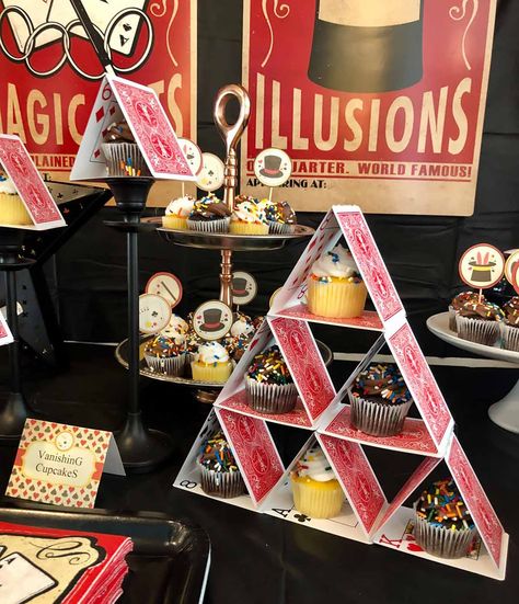 Magic Themed Birthday Party Ideas (with Magician Show) Magic Party Centerpiece, Magic Show Birthday Party Decorations, Magician Birthday Party For Kids, Magic Mike Party, Magic Theme Cake, Magic Birthday Party Theme, Magic Theme Birthday Party, Magic Theme Party, Magic Themed Birthday Party