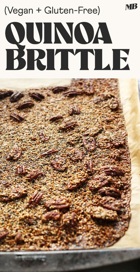 7-ingredient Quinoa Brittle sweetened with maple syrup and coconut sugar, and it's butter-free! Crispy, crunchy, nutritious - a healthier dessert or snack! Quinoa Brittle, Quinoa Granola Bars, Quinoa Bars, Quinoa Granola, Almond Brittle, Brittle Recipes, Minimalist Baker, Healthy Sweets Recipes, Keto Cookies