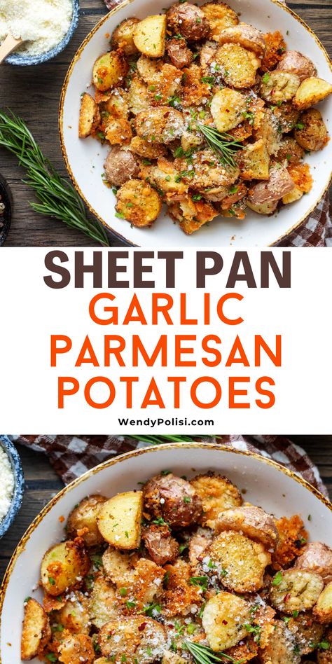 Looking for an easy sheet pan side that will never let you down? These roasted Garlic Parmesan Potatoes are the perfect choice. They are simple, flavorful, and the perfect way to elevate your potato game. With just the right amount of garlic goodness and a cheesy Parmesan finish, these potatoes come together easily and are sure to become a family favorite. Potato Recipes Dinner Meals, Roasted Garlic Parmesan Potatoes, Pan Roasted Potatoes, Garlic Parmesan Potatoes, Oven Fries, Steak In Oven, Parmesan Roasted Potatoes, Roasted Potato Recipes, Ninja Foodi Recipes