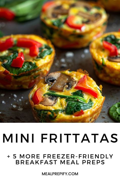 Mini frittatas baked with vegetables and mushrooms, perfect for freezer-friendly breakfast meal preps to simplify busy mornings. Frozen Breakfast Ideas, Breakfast Mini, Make Ahead Oatmeal, Mini Frittatas, Mini Frittata, Refreshing Breakfast, Freezer Friendly Meals, Meal Prep For Beginners, Frozen Breakfast