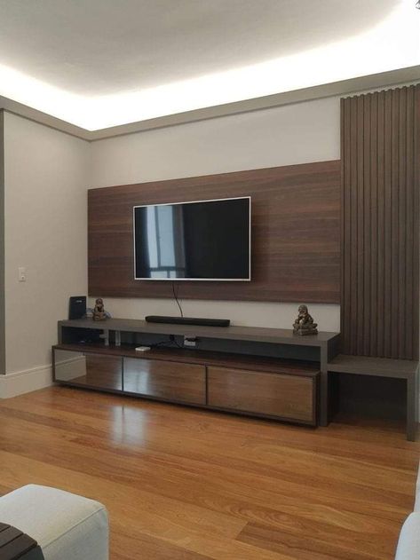 Tv Unit With Home Theater Design Modern, Wooden Tv Panel, Tv Pannel Designs, Tv Unit Color Combination, Room Tv Cabinet Design, Modern Living Room Tv, Living Room Tv Cabinet Designs, Wooden Tv Unit, Modern Tv Room