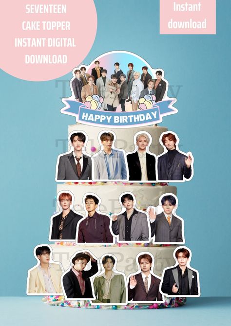 Seventeen Printable, Seventeen Cake, Kpop Cake, Sticker Kpop, 17 Birthday Cake, Korea Wallpaper, 17th Birthday, Cupcake Topper, Paper Straws