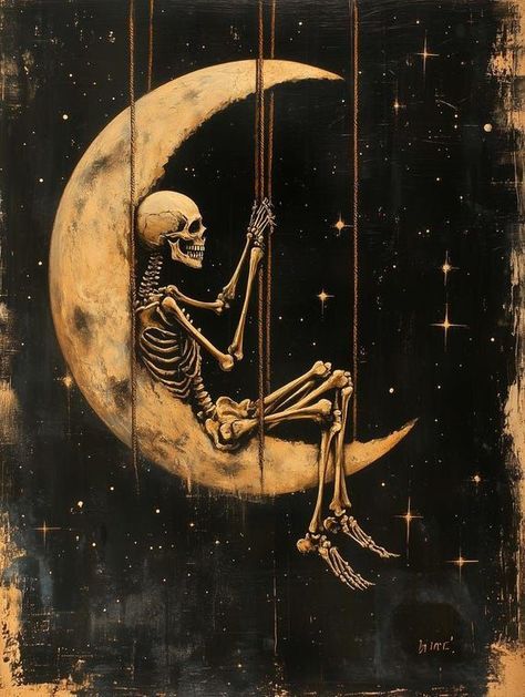 Skeleton on Moon Canvas Art Black Gold Wall Decor Inspired by Style of Van Gogh Unique Home Decor Digital Print by CustomCanvasCurators 🌙 Just stumbled upon this captivating artwork – a skeletal figure swinging on a golden crescent moon in a star-speckled night sky! The interplay of gold against the deep black background is whimsical and contemplative, like a scene straight out of a dream. It's got that Van Gogh vibe, you know? The artist's use of dynamic lines and vibrant palette really br... The Moon Artwork, Celestial Goth Decor, Black And Gold Drawing, Gold And Black Aesthetic, Ethereal Drawing, Black And Gold Artwork, Van Gogh Skeleton, Skeletal Art, Skeleton Aesthetic