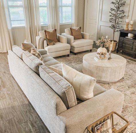 Cream Home Decor Cozy Living, Traditional Cream Living Room, Living Room With Couches Facing, Woven Decor Living Rooms, Tan And White Living Room Decor, Living Room Designs With Chairs, Ivory Couch Living Room Ideas, Tan Living Room Furniture, Tan Couches In Living Room