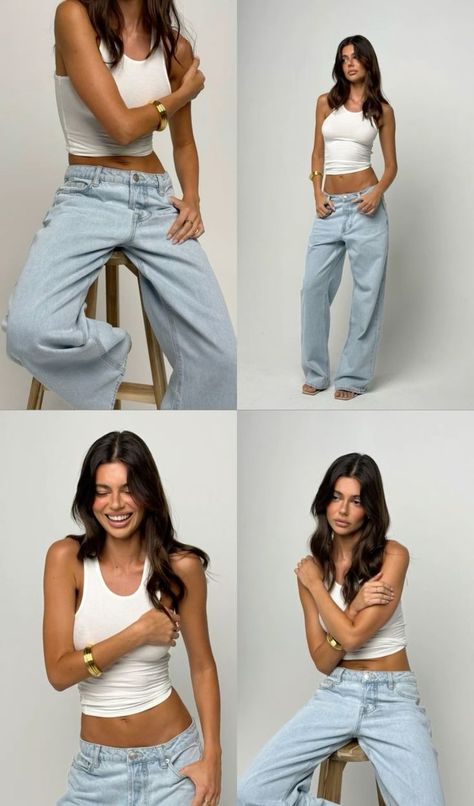 Outfit Ideas For Studio Photoshoot, Jeans Outfit Studio Photoshoot, Modeling Face Poses, Photoshoot Ideas For Modeling Portfolio, Collab Photoshoot Ideas, Portfolio Shoot Poses, Modeling Portfolio Outfits, Fitness Model Portfolio, Model Portfolio Shoot