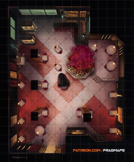 high-class luxury restaurant cyberpunk TTRPG battle map Modern Battle Maps, Dnd Restaurant Map, Cyberpunk Restaurant, Cyberpunk Map, Cyberpunk Ttrpg, Cyberpunk Red, D20 Modern, Call Of Cthulhu Rpg, Restaurant Art