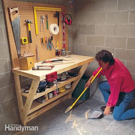 Workbench for a small space. A fold-out work table, a roll out table saw stand, a miter box table and lots of storage—cabinets, drawers, pegboard and Workshop Organisation, Build Garage, Laundry Table, Building A Workbench, Folding Workbench, Mobile Workbench, Diy Workbench, Bench Diy, Garage Work Bench