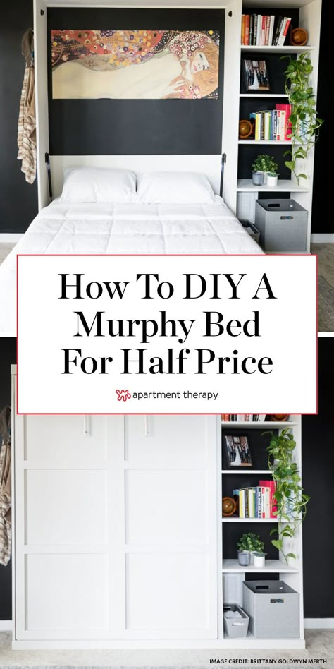 Before And After: This DIY murphy bed was a third of the cost of a store-bought one. #murphybed #smallspaces #smallspacehacks #diyideas #diyprojects #diymurphybed #budgetfriendlyupgrades #bedroomideas #bedroomdiy Basement Guest Room And Living Room, Living Room With Murphy Bed, Spare Room With Murphy Bed, Closet With Murphy Bed, Murphy Bed Guest Bedrooms, Craft Room Ideas With Murphy Bed, Studio Apartment Ideas Murphy Bed, Make Your Own Murphy Bed, Murphy Bed Hack Ikea