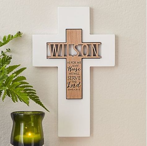 Our cross boldly proclaims your family’s dedication to their faith with eye-catching elegance. Made of wood. Measures 6″Wx9-1/2″H. Available in black and white. Engrave with any name up to 10 characters. ”As for Me & My House, We Will Serve the Lord” will always appear. Wooden Kitchen Signs, Memorial Cross, Wooden Crosses, Serve The Lord, Wooden Cross, Cross Paintings, Unique Personalized Gift, Wall Crosses, Our House