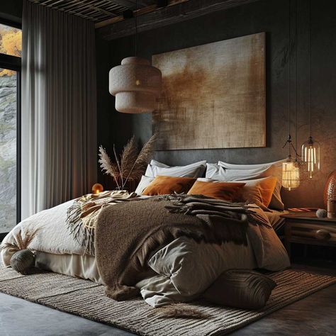 20+ Chic Bedroom Home Decor Ideas for a Cozy Atmosphere • 333+ Images • [ArtFacade] Moody Zen Bedroom, Dark Bedroom Bedding Ideas, Cozy Earthy Bedroom Ideas, Moody Bedroom Lighting, Black Moody Bedroom, Sensual Bedroom Decor, Dark Cozy Bedroom Ideas Romantic, Cozy Romantic Bedroom Ideas, Mountain Chic Decor