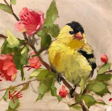 Krista Eaton‎ 6” x 6” oil on gesso board ‘Goldfinch & Blossoms’ Yellow Finch Painting, Goldfinch Painting, Krista Eaton, Bird Oil Painting, Bird Painting Acrylic, Bird Paintings On Canvas, Mural Inspiration, Oil Painting Inspiration, Bird Paintings