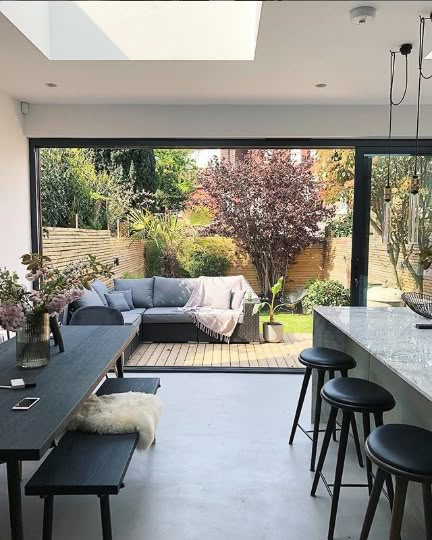 Kitchen Sliding Doors, Open Plan Kitchen Living Room, Back Garden Design, House Extension Design, Kitchen Dining Living, Sliding Patio Doors, Kitchen Extension, Vinyl Tiles, Dining Room Inspiration