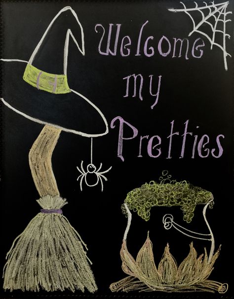 Welcome Home Chalk Art, Halloween Painted Window Ideas, Welcome Fall Chalkboard Art, Halloween Windows Painted, Halloween Chalkboard Art Witch, Halloween Window Chalk Art, October Chalkboard Ideas, Halloween Chalk Art Easy, Halloween Chalkboard Art Easy