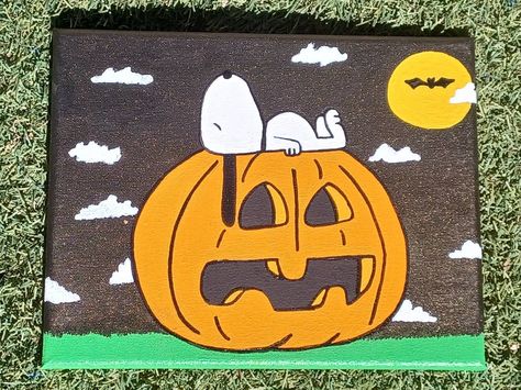 Spooky Snoopy is ready for Halloween. Painted on an 8x10inch canvas with acrylic paint, and sealed with a gloss varnish this painting is perfect for a fan of age. Snoopy Halloween Painting, Snoopy Paintings On Canvas, Snoopy Painting, Charlie Brown Dog, Halloween Canvas Paintings, Halloween Canvas Art, Art Mini Toile, Cute Easy Paintings, Nostalgia Art