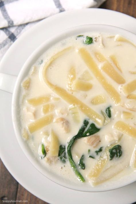 Chicken Alfredo Soup, an easy one-pot soup with fettuccine, chicken, spinach, and an alfredo and broth base. The best hearty soup for chilly winter nights! Recipe @SnappyGourmet.com #SnappyGourmet #Soup #Chicken #Pasta Creamy Chicken Alfredo Soup, Chicken Fettuccine Soup, Alfredo Soup Recipe, Chicken Alfredo Soup Recipe, Easy One Pot Soup, Fettucini Alfredo Chicken, Chicken Alfredo Soup, Fettuccine Chicken, Alfredo Soup