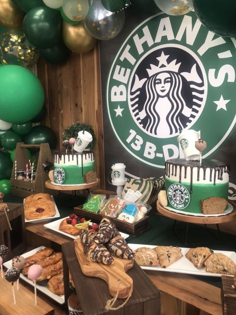 Starbucks Birthday Backdrop, Starbucks Bday Party Ideas, Starbucks Themed Birthday Party, Coffee Themed Birthday, Birthday Starbucks, Bday Party Ideas, Starbucks Birthday Party, Starbucks Ideas, Starbucks Party