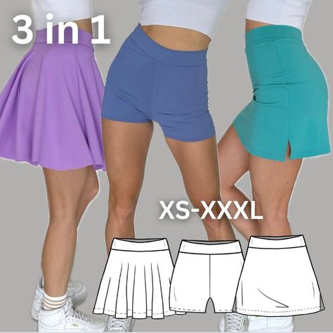 Skort (skirt with shorts) "EUPHORIA" PDF Pattern XS-3XL💖#freepatterns #sewingpatterns #sewingpattern #pdfsewingpatterns #sewing #handmade #diyfashion #dressmaking #sewingprojects #sewinglife Athletic Skirt Sewing Pattern, Diy Tennis Skirt Pattern, Athletic Sewing Patterns, Sewing Gym Clothes, Skort Sewing Patterns Free, Rave Sewing Patterns, Short Patterns Sewing Free, Shorts Sewing Pattern Free, Free Shorts Sewing Pattern