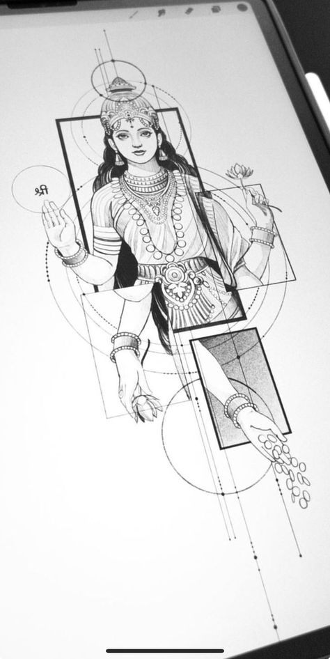 Lakshmi Tattoo Design, Laxmi Sketch, Lakshmi Tattoo, Band Tattoo Designs, Shiva Tattoo Design, Pen Art Drawings, Scott Campbell, Hinduism Art, Vedic Art