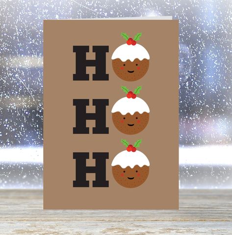 A Christmas card for lovers of Christmas - and Christmas puddings. Featuring a lovely, cute illustration of a smiling, happy Christmas pud who is making up the 'O' of 'HO HO HO'. This funny Christmas card is sure tp bring a smile to anyone who receives it. Blank inside for your personal message and comes complete with an envelope, both wrapped in a cello bag. white, FSC accredited, textured card Christmas Pudding Card, Stampin Up Xmas Cards, Easy Kids Christmas Cards, Christmas Cards Ideas Handmade, Christmas Card Designs For Kids, Easy Xmas Cards, Handmade Christmas Cards For Kids, Christmas Cards From Kids, Kids Xmas Card Ideas