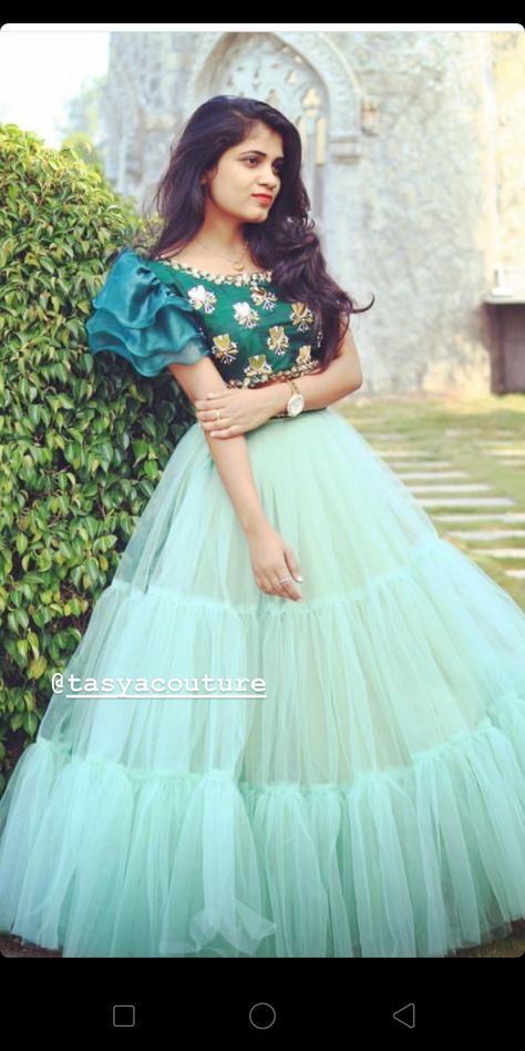 Long Gown Dress With Ruffle Hands, Lehanga Hands Models, New Model Lehanga, Lehenga Hand Design, Ruffle Hands For Long Frocks, Half Frocks For Teenagers, Hands Models For Long Frocks, Fancy Lehanga Design, Hands Designs For Long Frocks