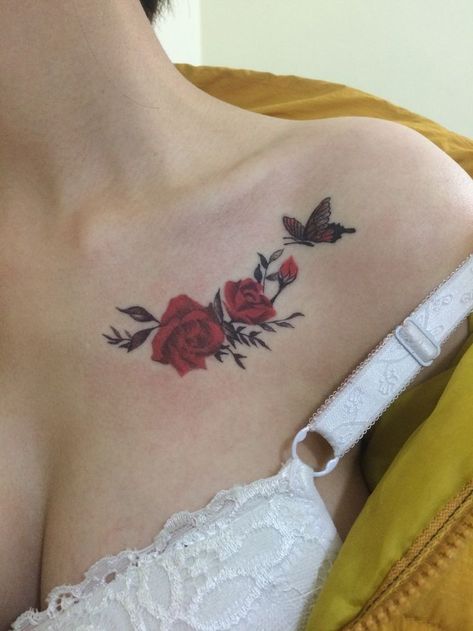 Rose Tattoos For Women Chest, Rose Tattoo Collar Bone, Purple Tattoos, Pink Rose Tattoos, Small Chest Tattoos, Ear Tattoo Ideas, Rose Tattoos For Women, Belly Button Piercing Jewelry, Beautiful Tattoo