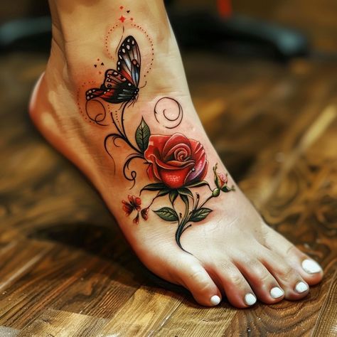 41 Rose Tattoo Designs For Women - Red Rose Tattoos For Women, Butterfly With Flowers Tattoo For Women, Cover Up Tattoos For Women Shoulder, Tattoos For Women Stomach, Tattoos For Women Ribs, Tattoos For Women Foot, Rose Foot Tattoo, Different Butterfly Tattoo, Rose Tattoo Designs For Women