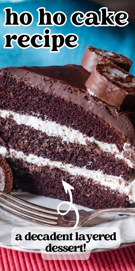 6 layers made of chocolate cake, fluffy frosting and chocolate ganache. This ho ho cake recipe is a grown-up version of your favorite lunchroom snack. Ho Ho Cake Recipe, Ho Ho Cake, Fluffy Frosting, Cake Filling Recipes, Cake Filling, Delicious Cake Recipes, Cake Fillings, Delicious Cake, Holiday Cakes