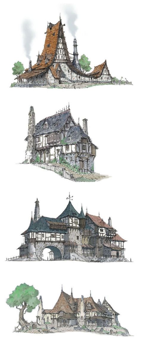 Drawings Of Houses, Medieval Houses, Building Concept, Fantasy House, Fantasy City, House Architecture, Architectural Drawings, Art Et Illustration, Fantasy Concept Art