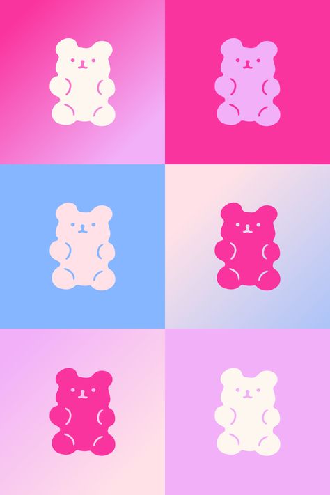 The logo mark for Sugar Rush Candy and Gifts is an organic, squishy gummy bear illustration. The feminine and bold color palette features soft pink and cream contrasted by vibrant blue, magenta, and lilac.  Interested in seeing more of our branding work? Take a look at some of our featured projects on our website. Candy Design Packaging, Candy Logo Design Ideas, Pink And Blue Branding, Gummy Bear Illustration, Candy Graphic Design, Bear Graphic Design, Candy Illustration, Food Company Logo, Gummy Fish