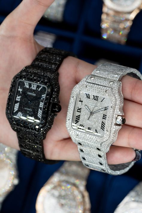 Bust Down Cartier Watch, Cartier Skeleton, Black Vs White, Cartier Santos Watch, Black Diamond Watch, Watches Cartier, Cartier Watches Mens, Watch Set, Nice Jewelry