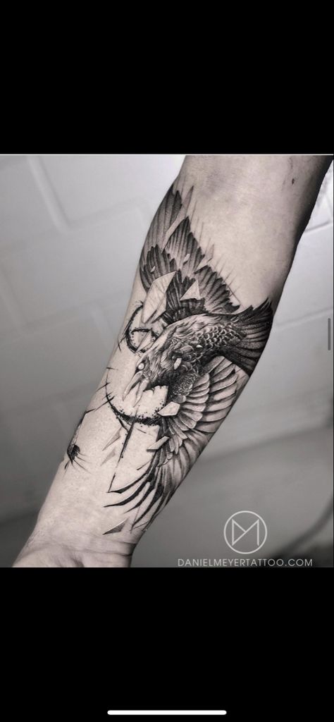 Raven Forearm Tattoo, Tatoo 3d, Tattoo Process, Forearm Band Tattoos, Planet Tattoos, Dotwork Tattoo, Raven Tattoo, Dot Work Tattoo, Band Tattoo