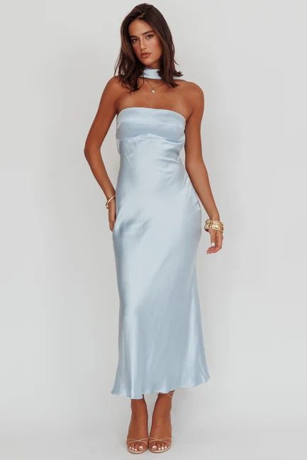 Shop the Damsel Reverse Halter Maxi Dress Baby Blue | Selfie Leslie Baby Blue Satin Dress, Blue Selfie, Dress Baby Blue, Selfie Leslie, Halter Maxi Dress, Halter Maxi, Satin Maxi, Halter Maxi Dresses, Drop In