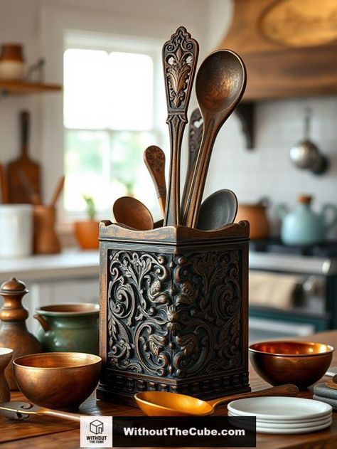 Antique utensil holders are more than just practical items; they're charming pieces of history that bring character to your kitchen. These vintage accessories not only serve functional purposes but also enhance the ambiance of your culinary space. Discover how they can transform your kitchen into a nostalgic haven. #HomeDecor #KitchenDesign #VintageKitchen #RetroStyle #RusticCharm #DecorInspiration Accessories For Kitchen, Glassware Display, Unique Utensils, Antique Kitchen Utensils, Retro Kitchen Appliances, Retro Toaster, Vintage Kitchen Accessories, Utensil Holders, Vintage Table Linens