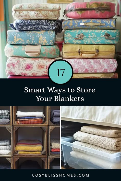 Discover how to store your blankets creatively with ideas using repurposed suitcases and containers. This pin highlights fun storage solutions that master clutter while looking stylish. Features 3 images for ultimate inspiration! Organize Blankets And Comforters, How To Store Pillows And Blankets, Storing Pillows And Blankets Ideas, Storage For Throw Blankets, Storage For Blankets And Comforters, Where To Store Blankets, Storage For Bedding, Best Way To Store Blankets, How To Store Throw Blankets