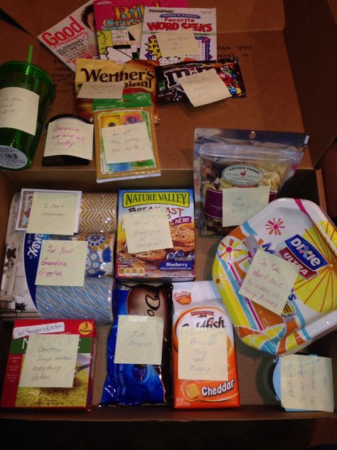 Care package for grandma who broke her arm.  Put a quirky note on each item. Care Packages For Men, Care Packages, Care Package, Gift Giving, Wedding Anniversary, Mothers Day, Best Gifts, Gift Wrapping, Gift Ideas