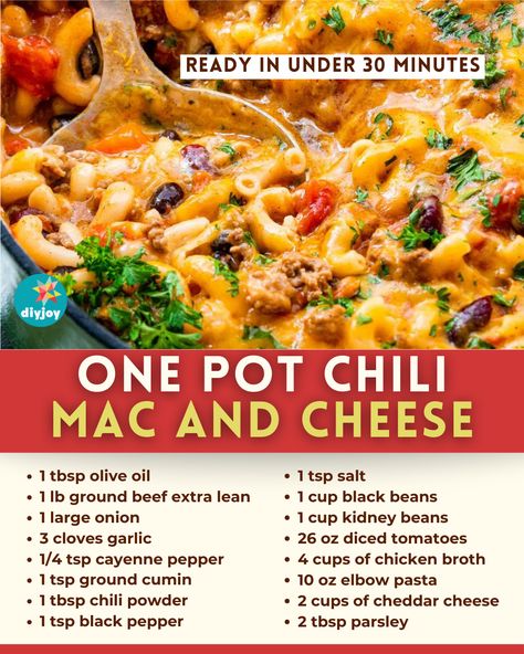 This one-pot chili mac and cheese is savory, cheese, and filling! It combines two of your favorite comfort foods in one dish. One Pot Chili Mac And Cheese, One Pot Chili Mac, Easy Chili Mac, One Pot Chili, Cornbread Muffins Recipe, Bacon Chili, Chili Mac And Cheese, Elbow Pasta, Savory Cheese