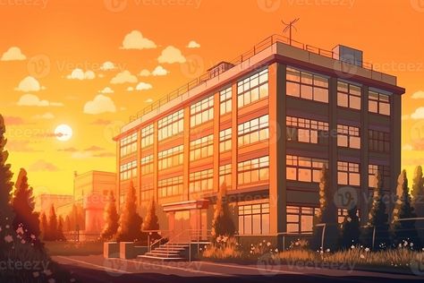 School Anime, Anime School, Anime School Background, Anime School Background Classroom, Anime School Background Outside, School Hallway Background Anime, School Rooftop Anime, Sunset School, Sunset Background