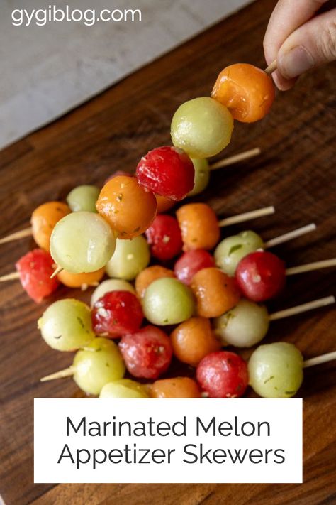 Marinated Melon Appetizer Skewers | Marinated Melon Appetizer | Marinated Melon Skewers | Marinated Melon Balls | Melon Balls | Melon Baller | Melon Ball Ideas | Melon Ball Recipes | Best Melon Baller | Fruit Tools | Orson Gygi | Melon Starter Christmas, Melon Appetizer, Melon Skewers, Cantaloupe Balls, Catering Menu Ideas, Appetizer Skewers, Melon Balls, Skewer Appetizers, 2024 Recipes