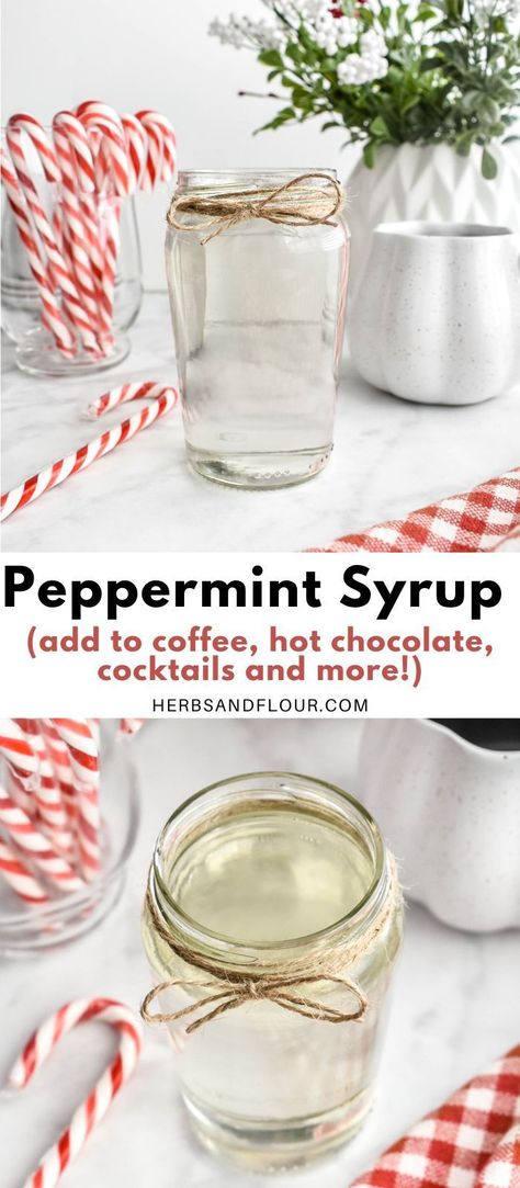 This Peppermint Syrup Recipe is made with only 3 simple ingredients and takes just minutes to make! It is the perfect addition to coffee, hot chocolate and cocktails. Torani Peppermint Syrup Recipes, Peppermint Syrup For Coffee, Homemade Flavorings, Peppermint Jelly, Holiday Simple Syrup, Homemade Peppermint Syrup For Coffee, Peppermint Extract Recipes, Peppermint Mocha Syrup Recipe, Cream Of Chicken Soup Mix Recipe