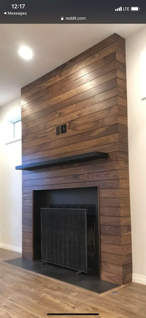 Wood Color Fireplace, Wood Burning Fire Places Ideas, Fireplace Makeover Wood Planks, Fireplace Accent Wall Vaulted Ceiling, Shiplap Wood Burning Fireplace, Wood Accent Fireplace, Black And Wood Fireplace Wall, Cedar Fireplace Surround, Updating Fireplace Mantle