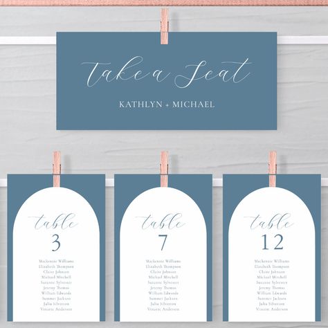 Dusty Blue Wedding Table, Seating Chart Modern, Wedding Table Seating Chart, Table Seating Chart, Wedding Table Seating, Blue Card, Dusty Blue Weddings, Seating Chart, Wedding Table Numbers