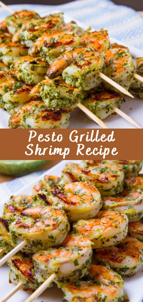 Pesto Grilled Shrimp Recipe | Cheff Recipes Pesto Grilled Shrimp, Pesto Fish, Pesto Appetizers, Marinated Grilled Shrimp, Grilled Shrimp Recipe, Shrimp Pesto Pasta, Healthy Pesto, Pesto Shrimp, Basil Pesto Recipes