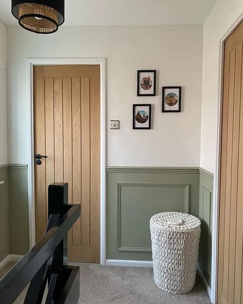 Green Lounge Panelling, Overly Olive Dulux Paint, Olive Green Panelling Living Room, Wall Panelling Colour Ideas, Colour Painting Ideas For Home, Light Green Panelling, Olive Panelling, Light Olive Walls, Olive Green Hallway Ideas