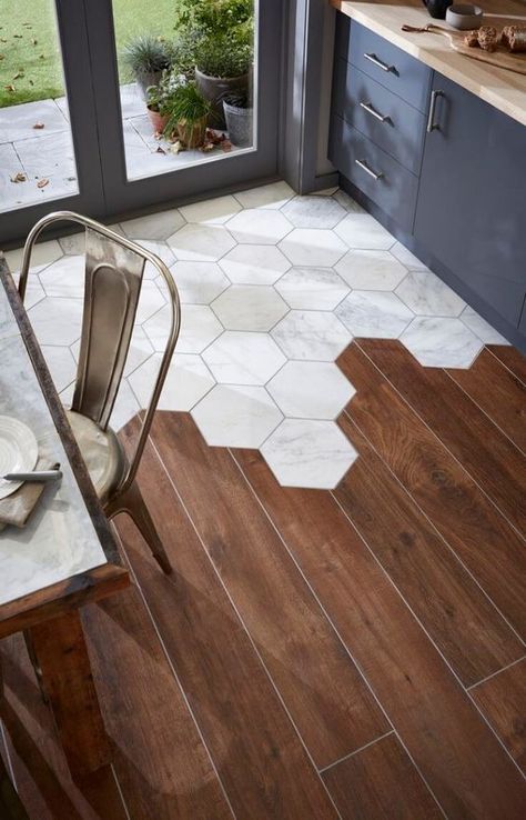 Saw similar ones at http://www.simiflooring.com/ Transition Flooring, Tile Trends, Wooden Floors, Hexagon Tiles, Wood Tile, Floor Design, On The Floor, Design Case, Tile Backsplash