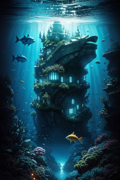 Big house under the water around the fishs Underwater House Aesthetic, Under Water Fantasy Art, Fantasy Water House, Underwater House Art, Building Under Water, Underwater House Fantasy Art, Fantasy Water Kingdom, Underwater Creatures Art, Submarine House