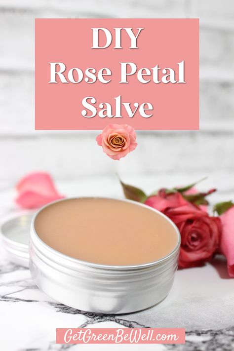 small aluminum tin filled with homemade rose salve on marble table with roses surrounding Perfume Balm Diy, What To Do With Rose Petals Diy, Rose Salve Diy, Herbalist Garden, Rose Petal Uses, Rose Salve, Homemade Balm, Homemade Spa, Nontoxic Beauty