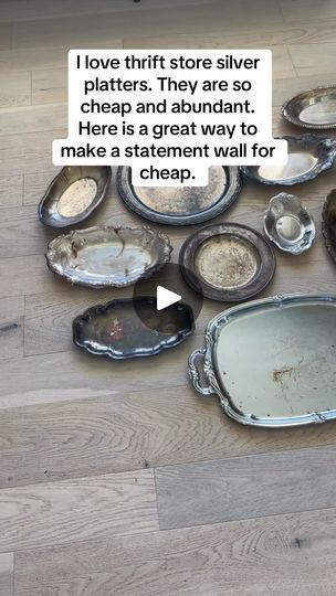 2.5K views · 13K reactions | Small budget huge statement. I am loving all these thrift store silver platters for my wall #thriftedhomedecor #thriftedandstyled #silverplatters | Our Itty Bitty Home Picture Walls, Upcycle Crafts, Hobby Farming, Fairy Tea Parties, Thrifted Home Decor, Silver Platters, Barn Interior, Silver Plated Trays, Plate Hangers