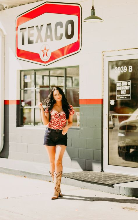 Emily Richey - Retro/Vintage Gas Station PhotoShoot - Outfit By - Idyllwind (Miranda Lambert) Photography By - Brook Jackson Photography Shot In - Pensacola, FL Retro Gas Station, Gas Station Photoshoot, Vintage Gas Station, Senior Year Pictures, Senior Photoshoot Poses, Western Photoshoot, Old Gas Stations, Pensacola Fl, Miranda Lambert