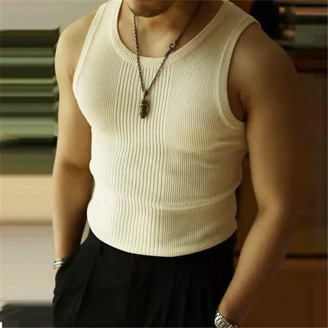 Men's Tank Top Vest Top Undershirt Sleeveless Shirt Knit Tee Plain Vertical Stripes Crew Neck Outdoor Going out Sleeveless Clothing Apparel Fashion Designer Muscle 2024 - $22.99 Semi Formal Outfit, Retro Sports, Denim Patterns, Knitted Vest, School Looks, Vests Mens, Sleeveless Tee, Casual Vest, Sleeveless Tops